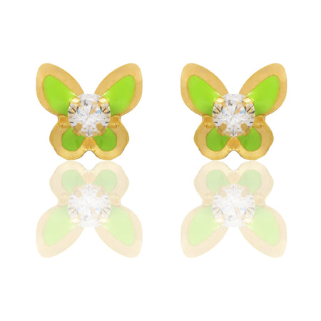 Orecchini Oro Giallo Oro 18 carati Farfalle Smaltate Con Pietra Centrale Zircone Bianco