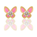 Orecchini Oro Giallo Oro 18 carati  Farfalle Smaltate  Con Pietra Centrale Zircone Bianco, Smalto Rosa 