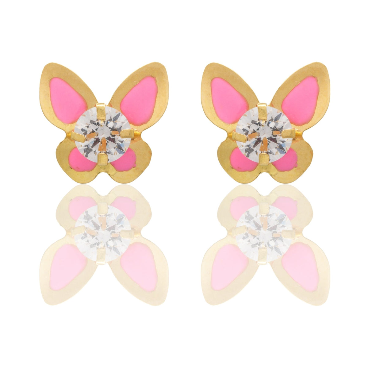 Orecchini Oro Giallo Oro 18 carati  Farfalle Smaltate  Con Pietra Centrale Zircone Bianco, Smalto Rosa 