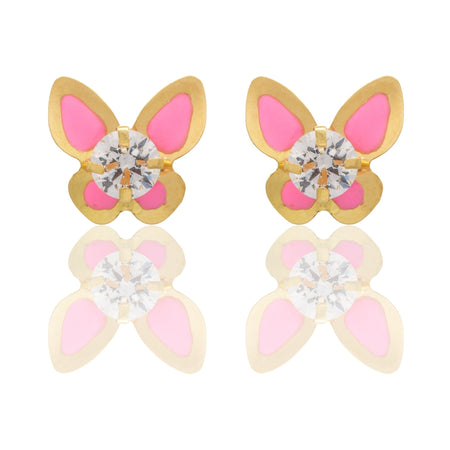 Orecchini Oro Giallo Oro 18 carati  Farfalle Smaltate  Con Pietra Centrale Zircone Bianco, Smalto Rosa 