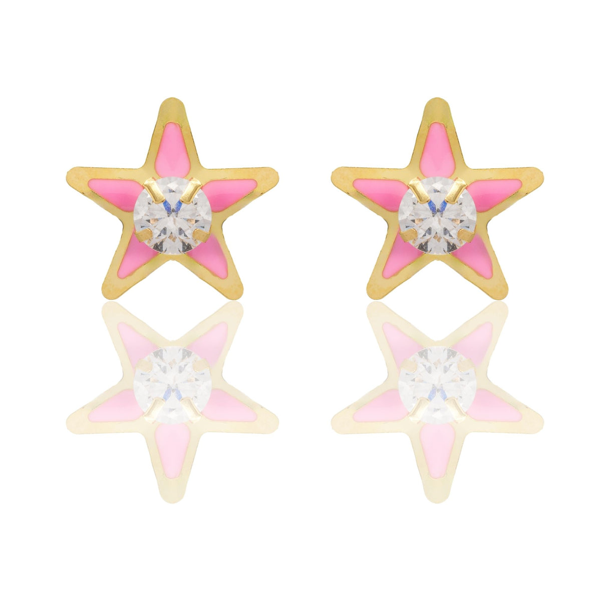 Orecchini Oro Giallo Oro 18 carati Stelle Smaltate Con Pietra Centrale Zircone Bianco, Smalto Rosa 