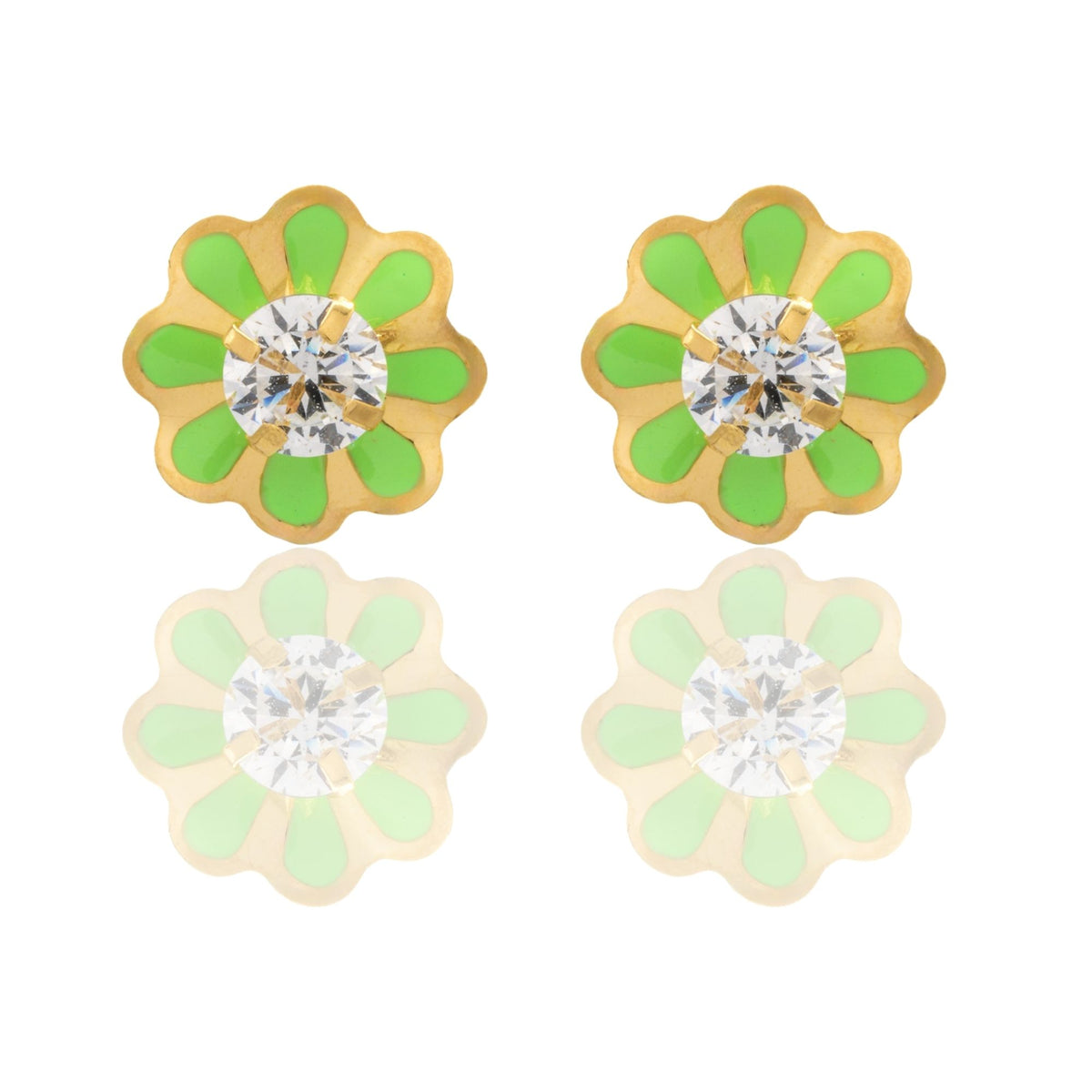 Orecchini Oro Giallo Oro 18 carati Fiori Smaltati Con Pietra Centrale Zircone Bianco