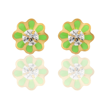 Orecchini Oro Giallo Oro 18 carati Fiori Smaltati Con Pietra Centrale Zircone Bianco