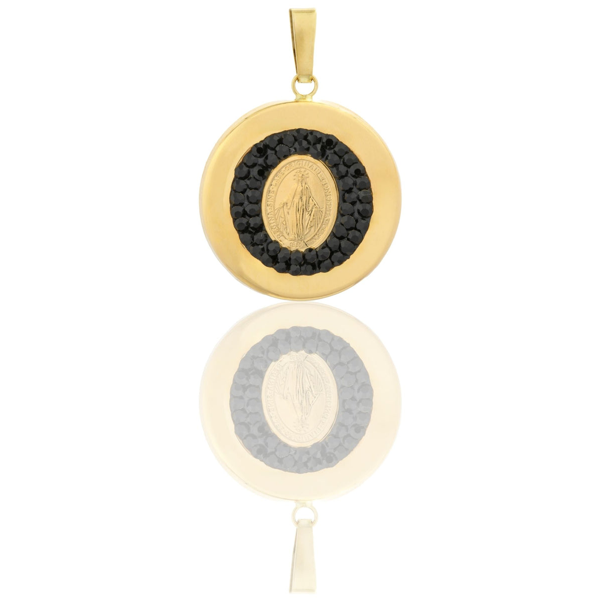 Ciondolo Oro Giallo Oro 18 carati Medaglia Tonda Madonna Miracolosa Zirconi Neri cm.2,5