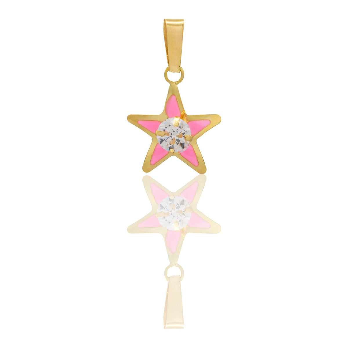 Ciondolo Oro Giallo Oro 18 carati Stella Smaltata Con Pietra Centrale Smalto Rosa, Zircone Bianco 