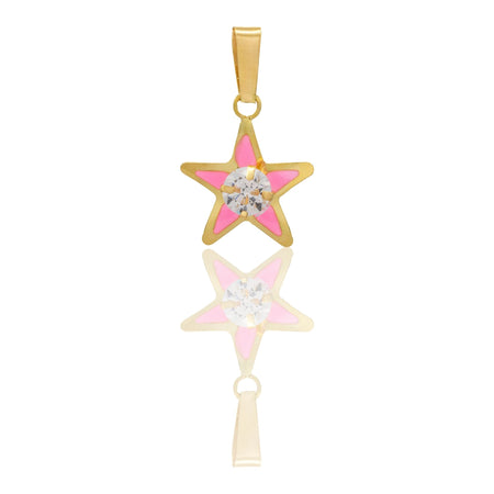 Ciondolo Oro Giallo Oro 18 carati Stella Smaltata Con Pietra Centrale Smalto Rosa, Zircone Bianco 