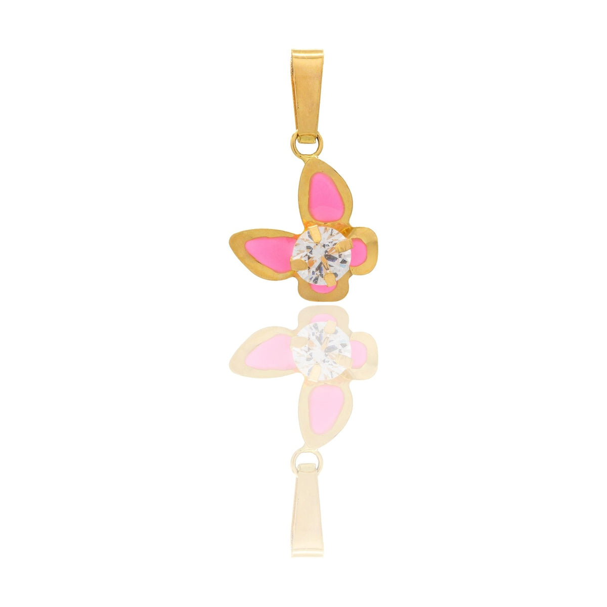 Ciondolo Oro Giallo Oro 18 carati Farfalla Smaltata Con Pietra Centrale Smalto Rosa, Zircone Bianco cm.1,5