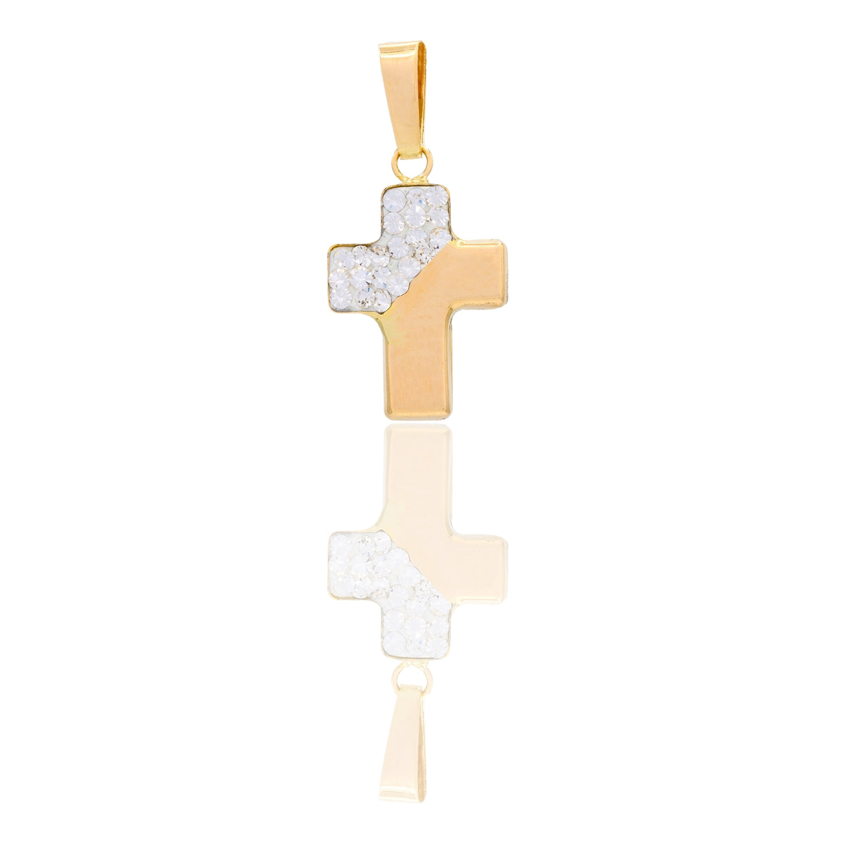 Ciondolo Oro Giallo Oro 18 carati Croce Meta' Lucida Meta' Zirconata Zirconi Bianchi cm.1.8