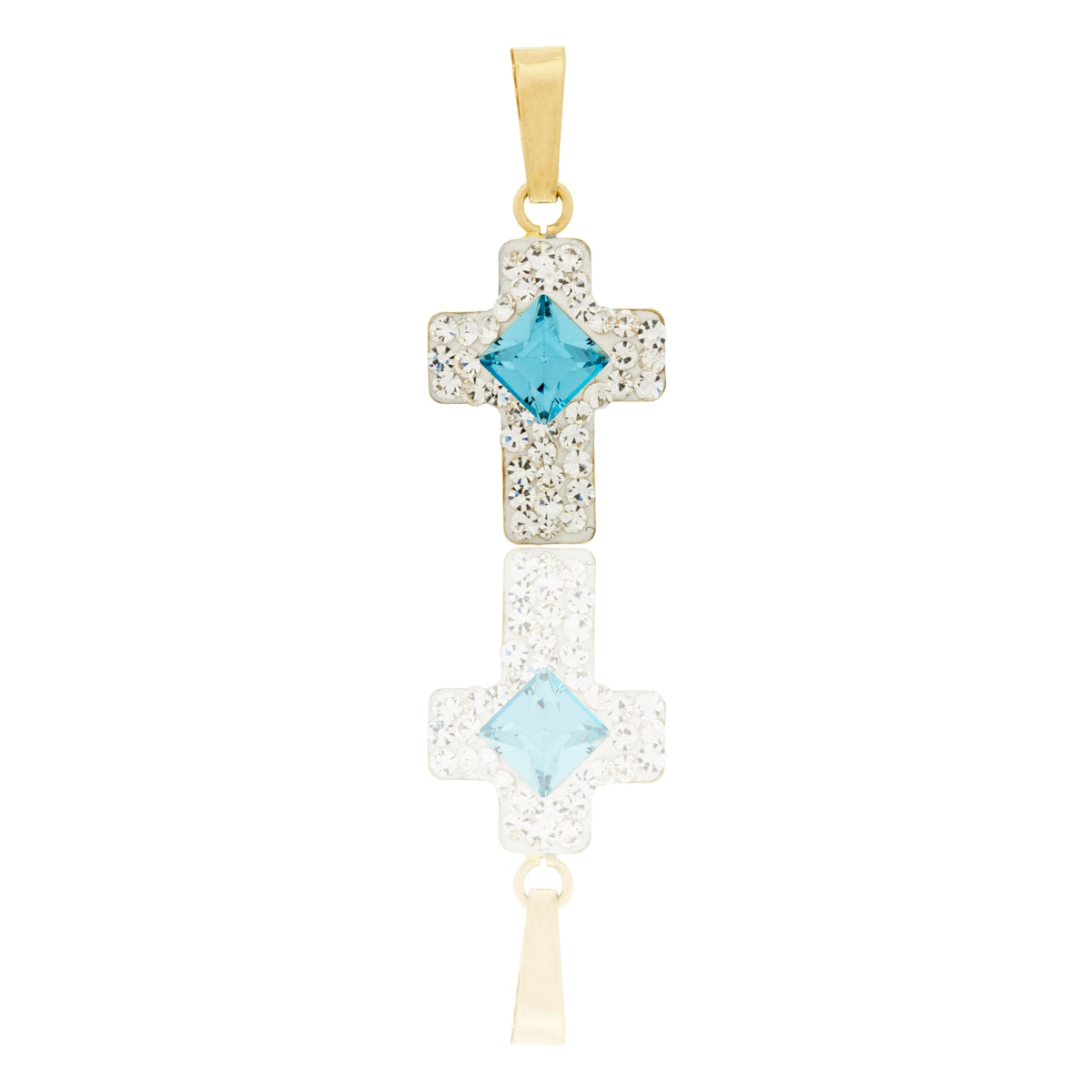 Ciondolo Oro Giallo Oro 18 carati Croce Zirconata Pietra Centrale Rombo Pavè Zirconi bianchi, Zircone Azzurro cm. 1