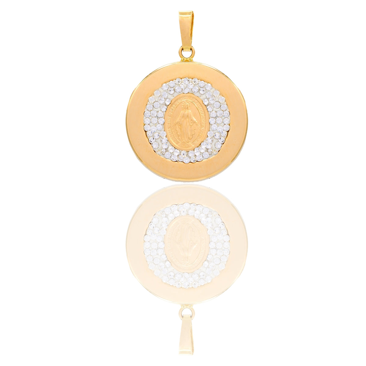 Ciondolo Oro Giallo Oro 18 carati Medaglia Tonda Con Madonna Miracolosa Centrale Zirconi Bianchi cm.2.5