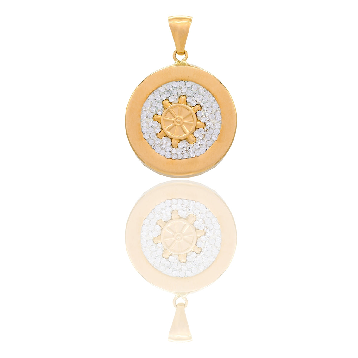 Ciondolo Oro Giallo Oro 18 carati Medaglia Tonda Con Timone Centrale Zirconi Bianchi cm.2.5