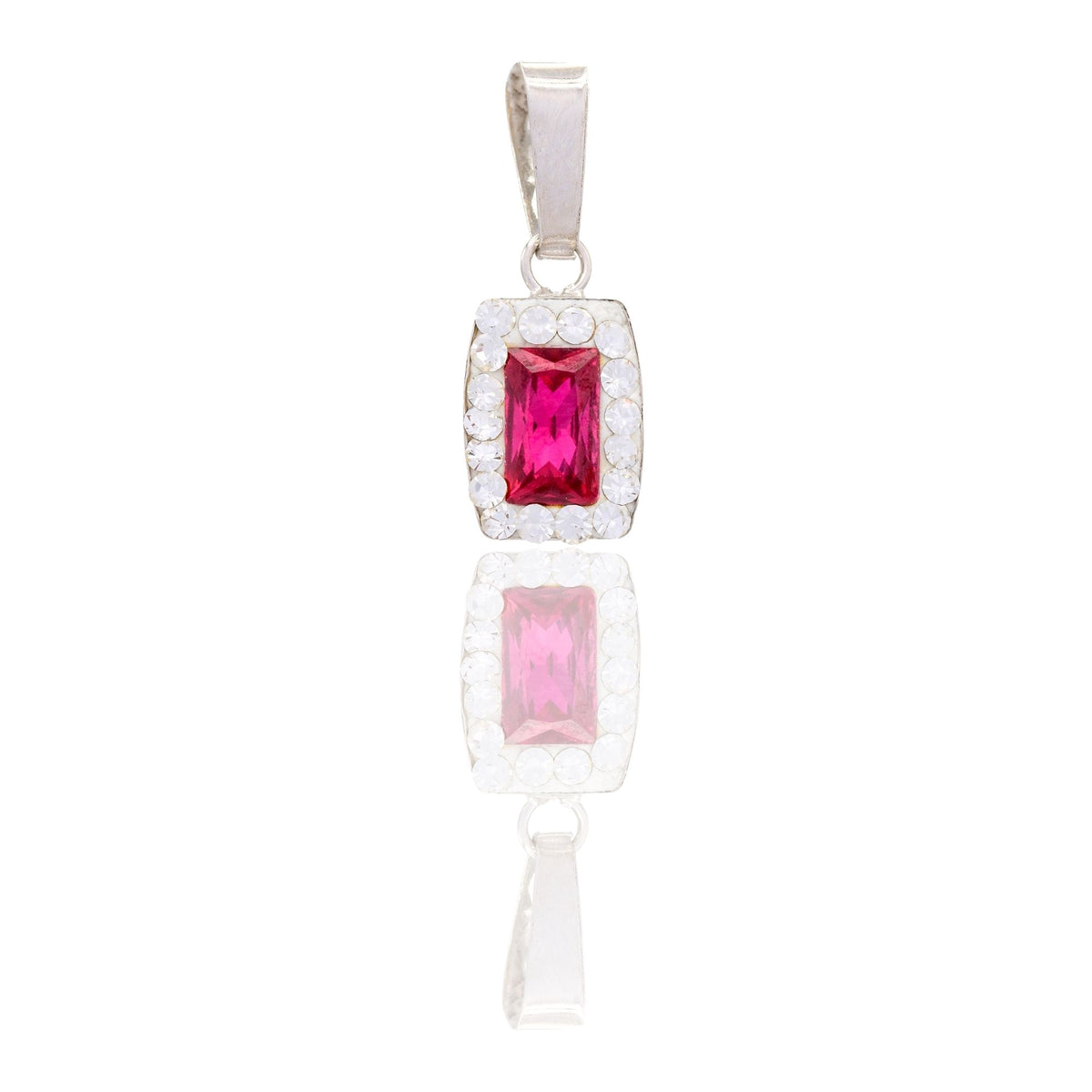 Ciondolo Oro Bianco Oro 18 carati Rettangolo Centro E Contorno Pavè Zirconi bianchi, Zircone Rosso cm.1