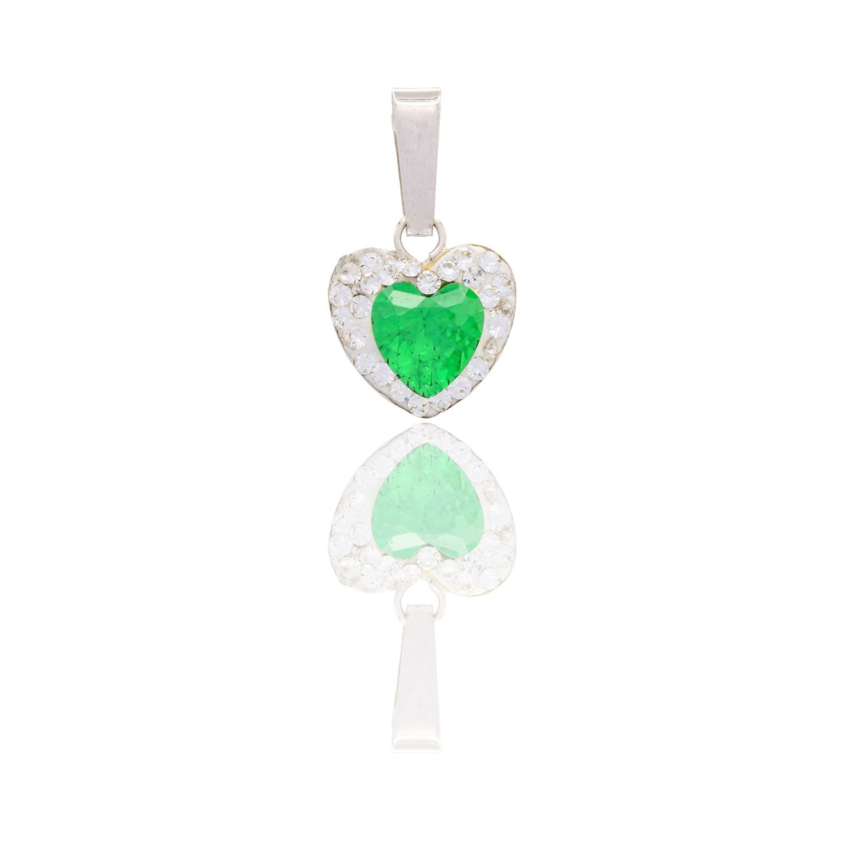 Ciondolo Oro Bianco Oro 18 carati Cuore Centro E Contorno Pavè Zirconi bianchi, Zircone Verde cm.1