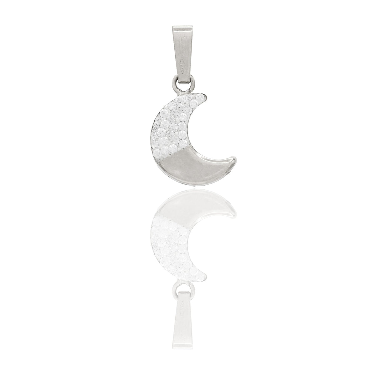 Ciondolo Oro Bianco Oro 18 carati Luna Meta' Lucida Meta' Zirconata Zirconi Bianchi cm.1,5