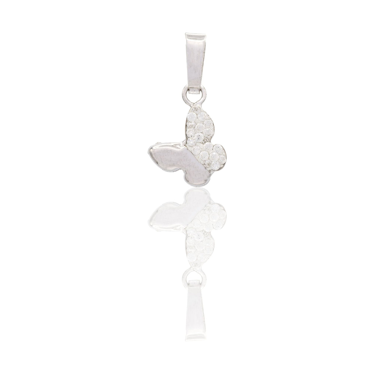 Ciondolo Oro Bianco Oro 18 carati Farfalla Meta' Lucida Meta' Zirconata Zirconi Bianchi cm.1,4