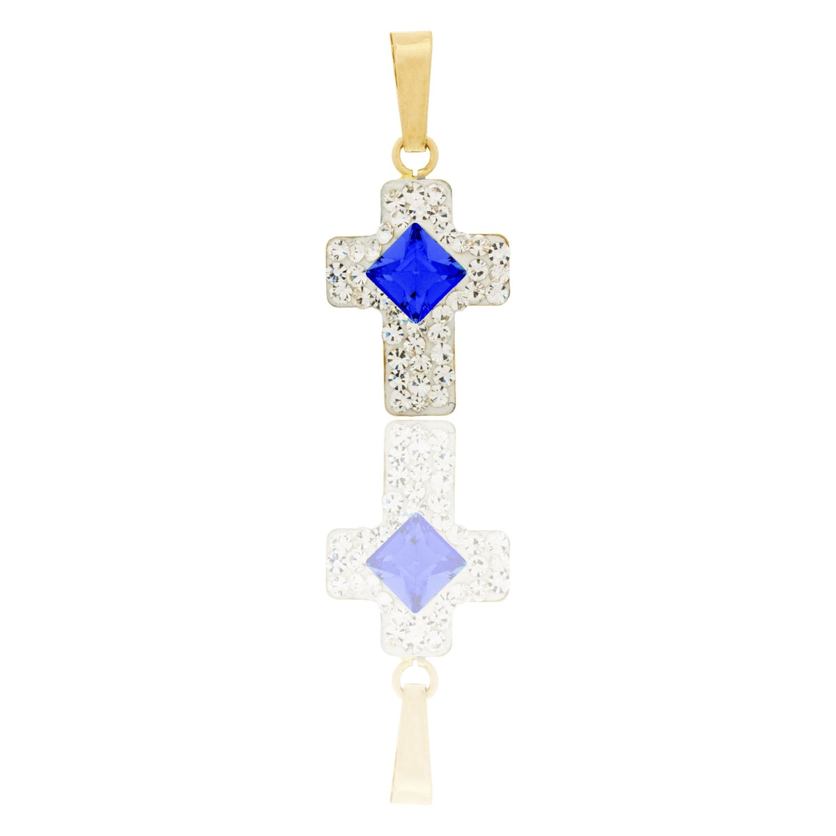 Ciondolo Oro Giallo Oro 18 carati Croce Zirconata Pietra Centrale Rombo Pavè Zirconi bianchi, Zircone Blu cm.2