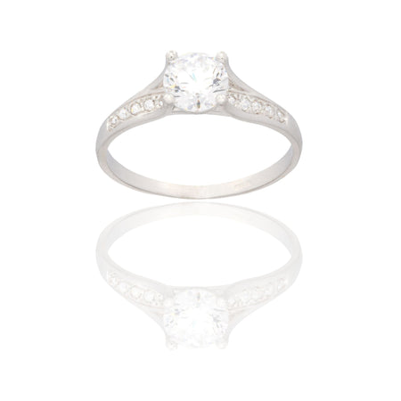 Anello Oro Bianco Oro 18 carati Pietra Centrale Pave' Su Gambo Zirconi Bianchi