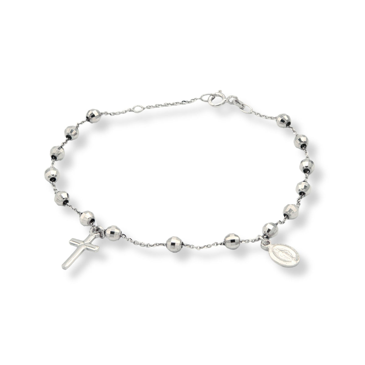 Bracciale Oro Bianco Oro 18 carati Rosario Modello Pendente Zirconi Bianchi Sfera mm. 4