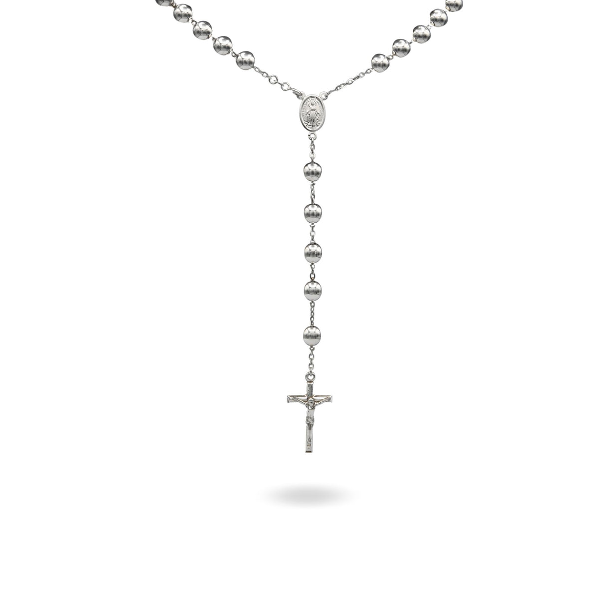 Collana Oro Bianco Oro 18 carati Rosario Modello Pendente Solo Oro 60 cm.Sfera mm. 8