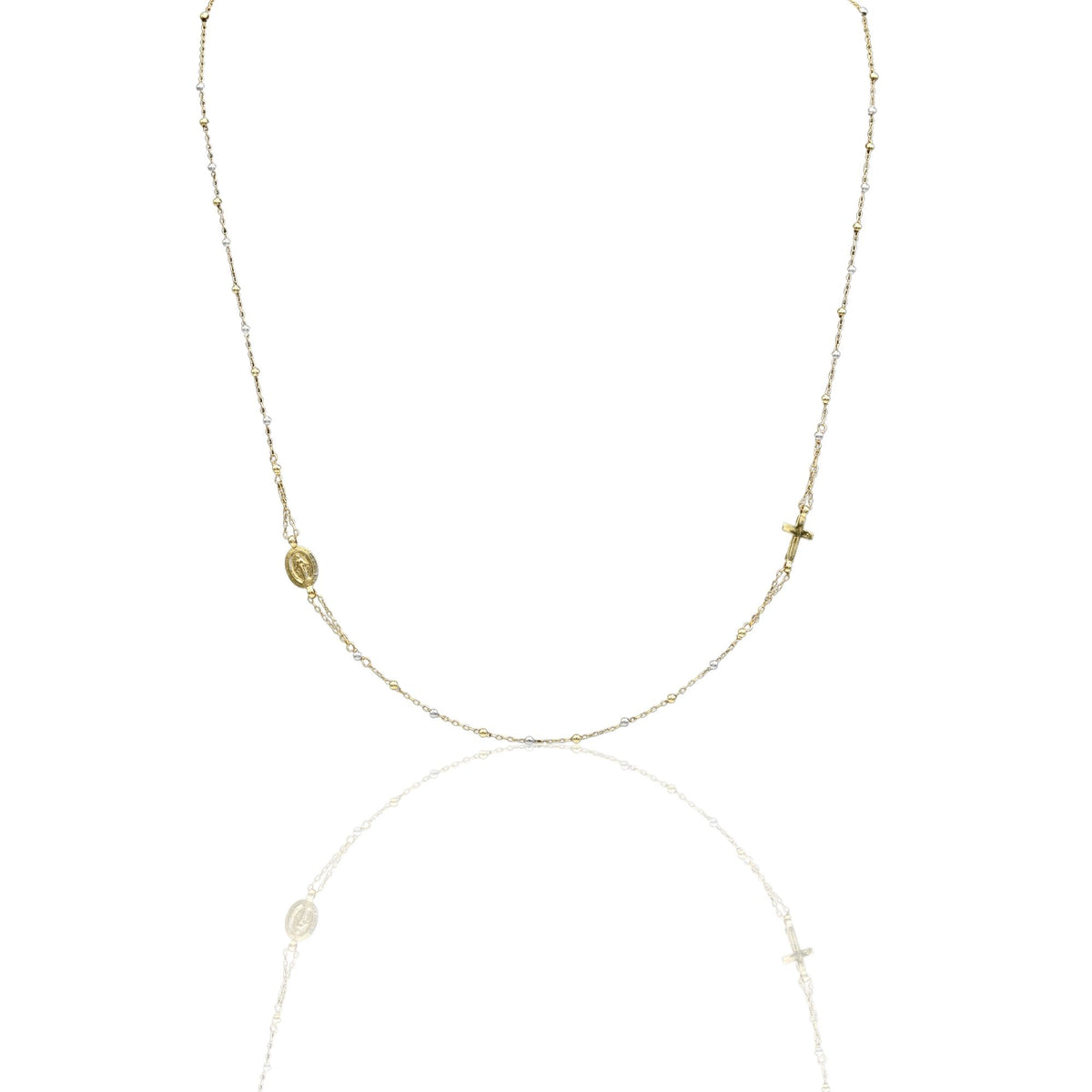 Collana Oro Giallo, Oro Bianco Oro 18 carati Rosario Girocollo Solo Oro 50 cm.Sfera mm. 2,5