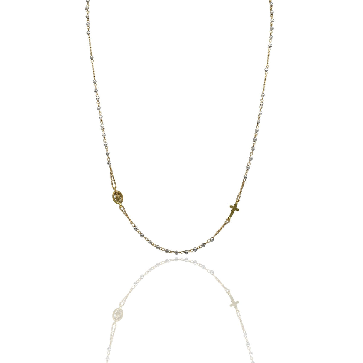 Collana Oro Giallo, Oro Bianco Oro 18 carati Rosario Girocollo Solo Oro 50 cm.Sfera mm. 2,5