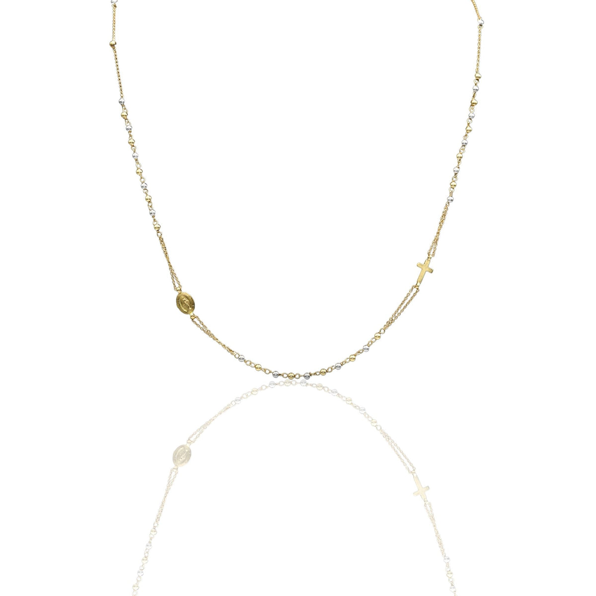Collana Oro Giallo, Oro Bianco Oro 18 carati Rosario Girocollo Solo Oro 50 cm.Sfera mm. 2,5