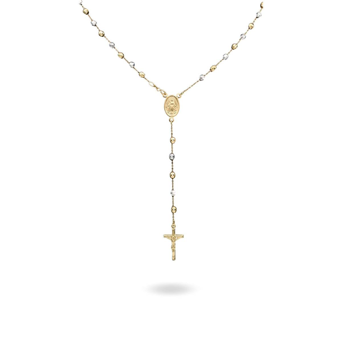 Collana Oro Giallo Oro Bianco Oro 18 carati Rosario Modello Pendente Solo Oro 50 cm.Sfera mm 4