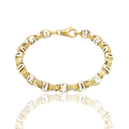 Bracciale Oro Giallo Oro Bianco Oro 18 carati Maglia Rolo'Con Greca E Placchette Solo Oro cm. 23,5