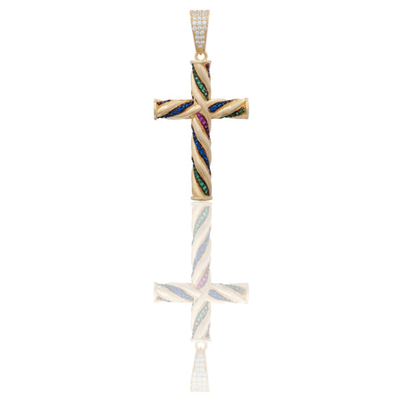 Ciondolo Oro Giallo Oro 18 carati Croce Intrecciata Oro E Pietre Zirconi Multicolor