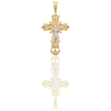 Ciondolo Oro Giallo Oro Bianco Oro 18 carati Croce Barocco Con Cristo Zirconi Bianchi
