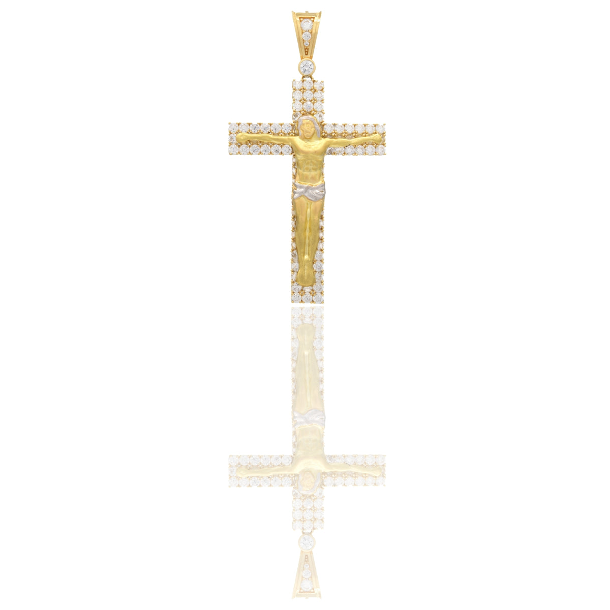 Ciondolo Oro Giallo Oro Bianco Oro 18 carati Croce Con Cristo Zirconi Bianchi