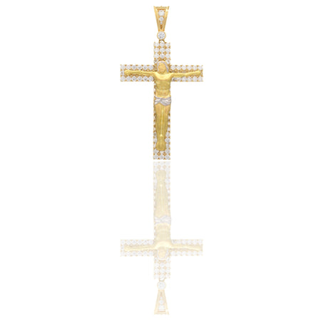 Ciondolo Oro Giallo Oro Bianco Oro 18 carati Croce Con Cristo Zirconi Bianchi