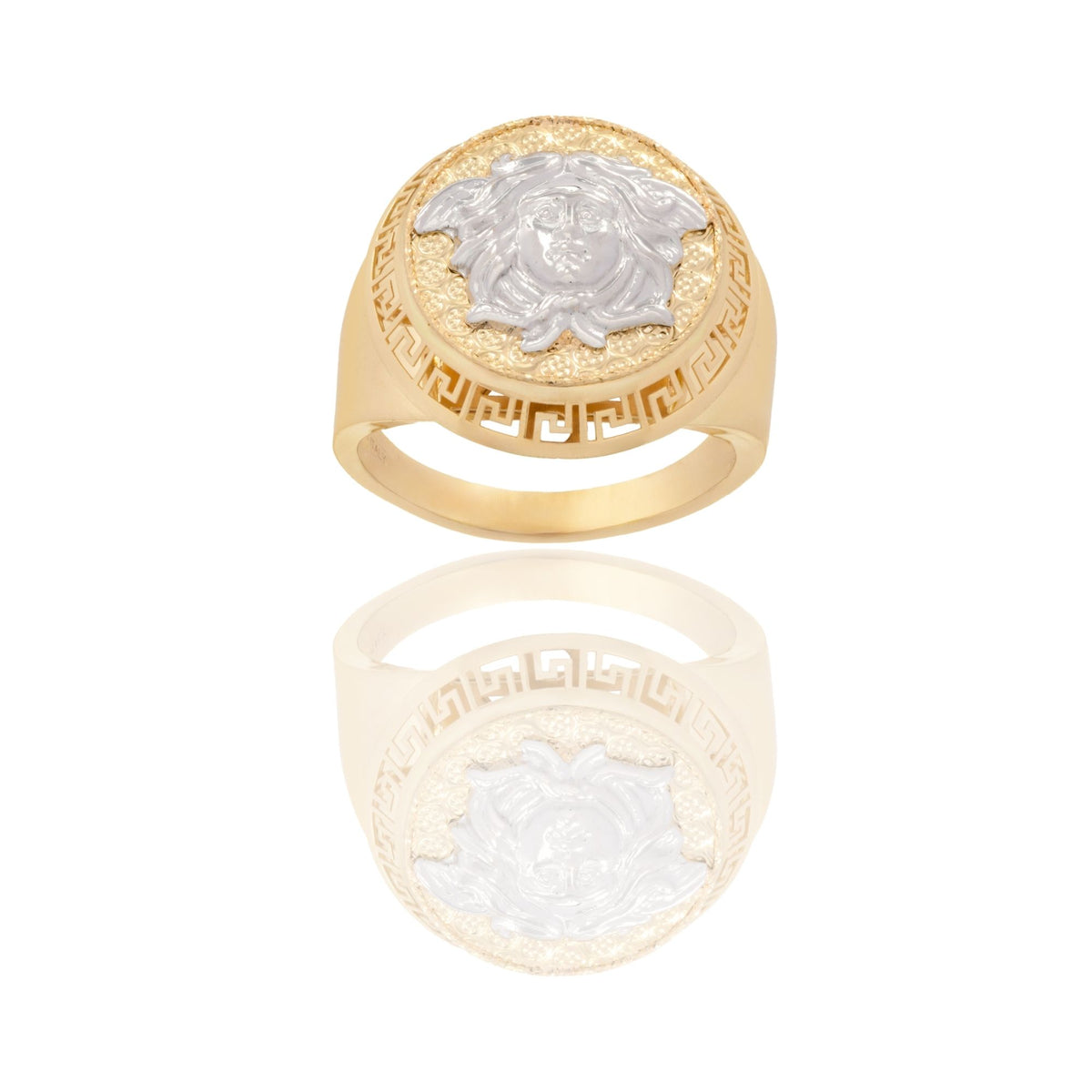 Anello Oro Giallo Oro Bianco Oro 18 carati Scudo Con Greca E Mesusa Solo Oro