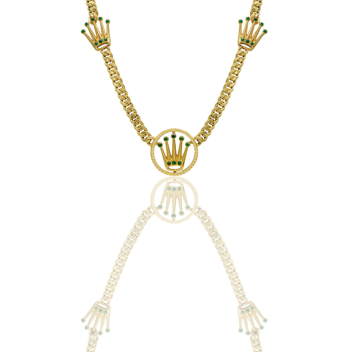 Collana Oro Giallo Oro 18 carati Groumette con cerchio e Corone Zirconi Verdi lunghezza cm. 65,00 Cerchio diam. 3,00