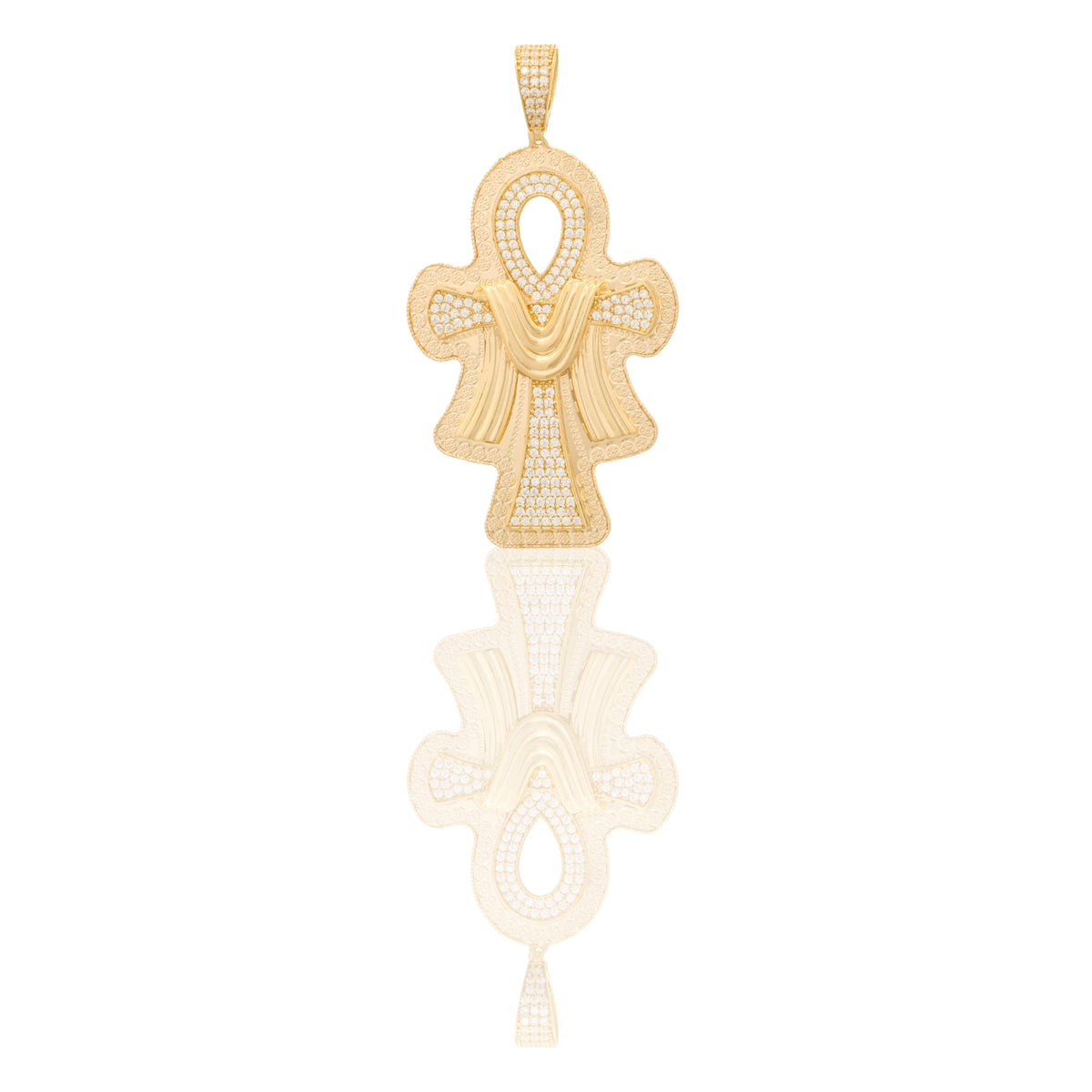 Ciondolo Oro Giallo Oro 18 carati Croce Della Vita Zirconata Con Sciarpa Contorno Diamantato Zirconi Bianchi cm.6,5 x 3,5