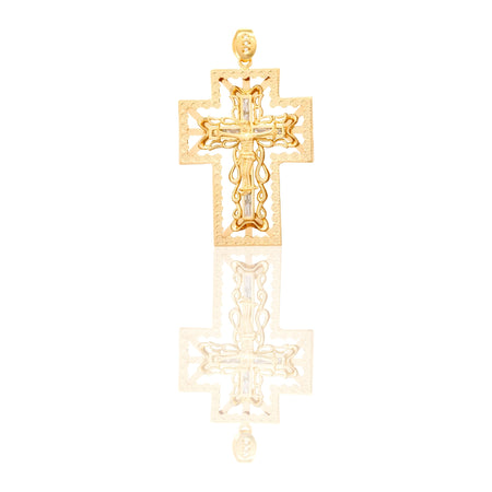 Ciondolo Oro Giallo Oro 18 carati Croce Con Cristo  Su Merletto Con Contorno Solo Oro