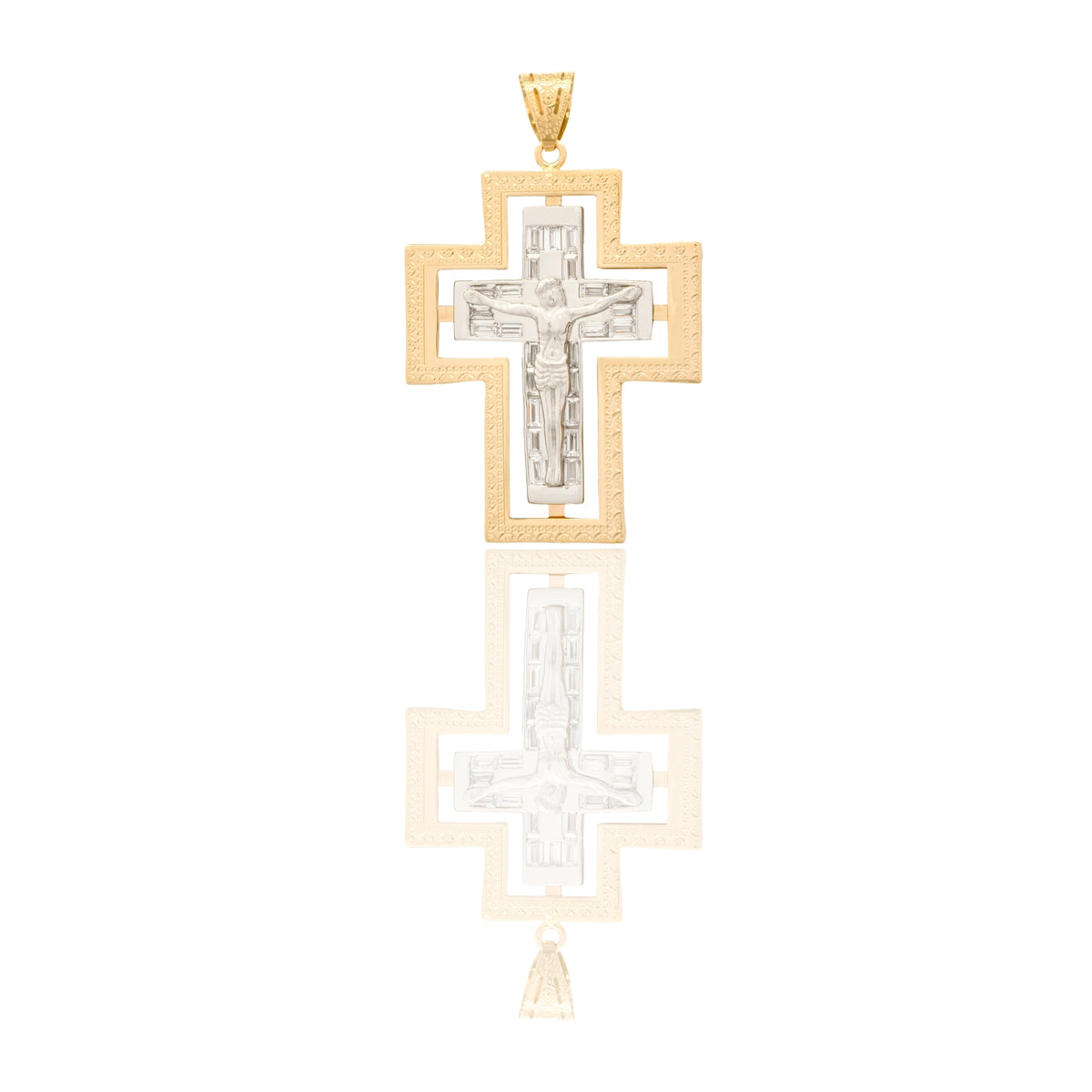 Ciondolo Oro Giallo Oro Bianco Oro 18 carati Croce Con Cristo Contorno Liscio Solo Oro