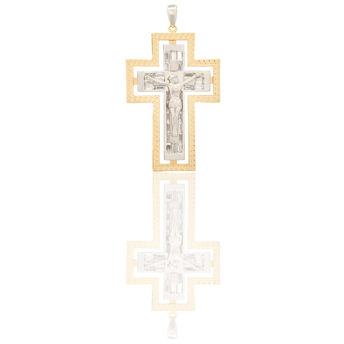 Ciondolo Oro Giallo Oro Bianco Oro 18 carati Croce Con Cristo Contorno Liscio Solo Oro