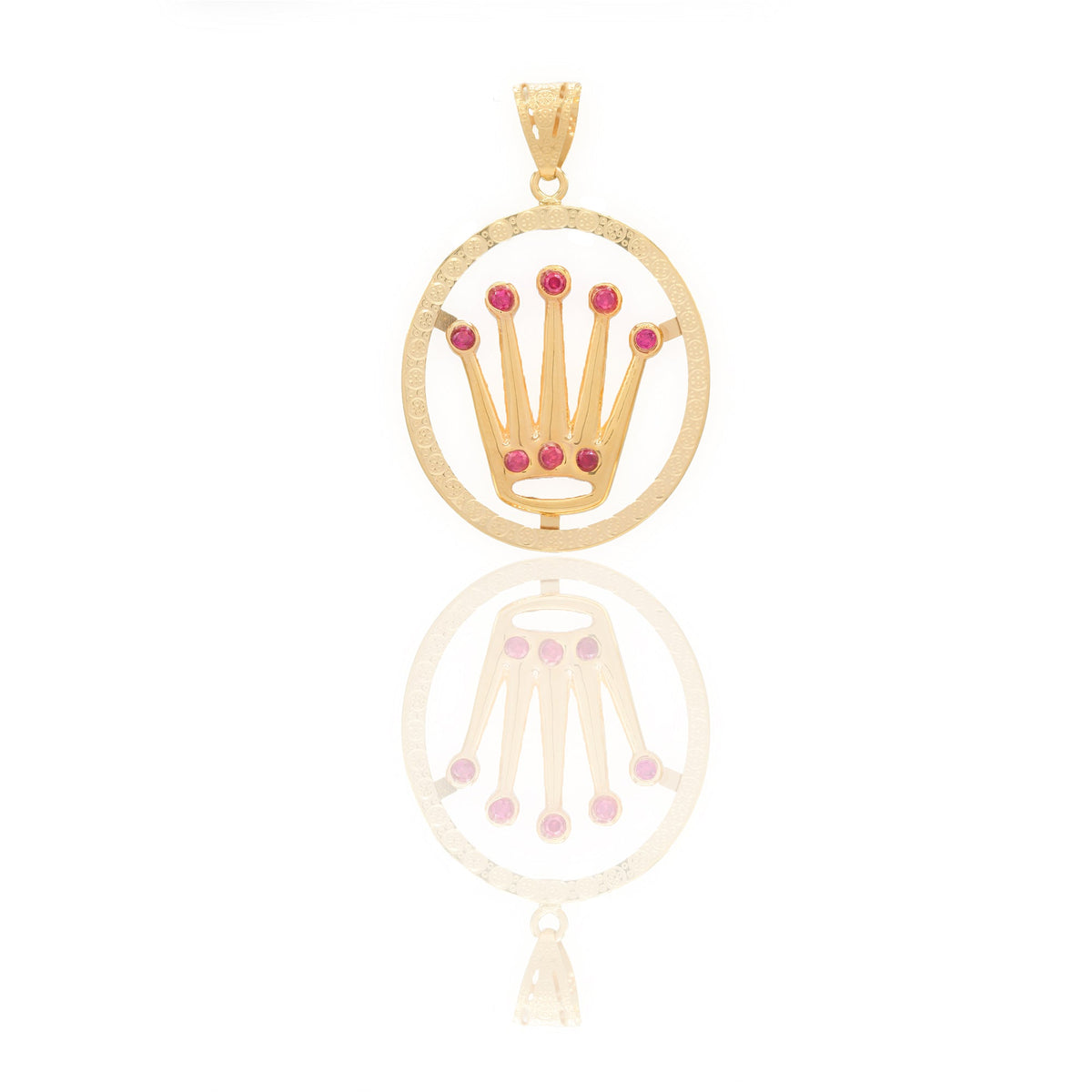 Ciondoli Oro Giallo Oro 18 carati Tondo traforato con corona Zirconi rosa 4,5cm x 3cm