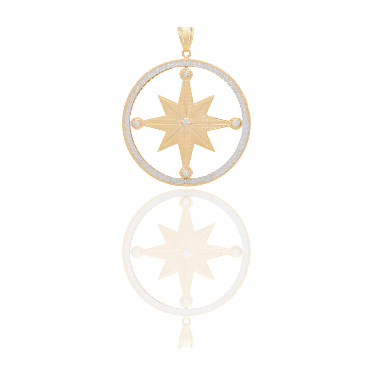 Ciondoli Oro Giallo Oro Bianco Oro 18 carati Rosa dei venti tonda double face Zirconi Bianchi 6cm x 5cm