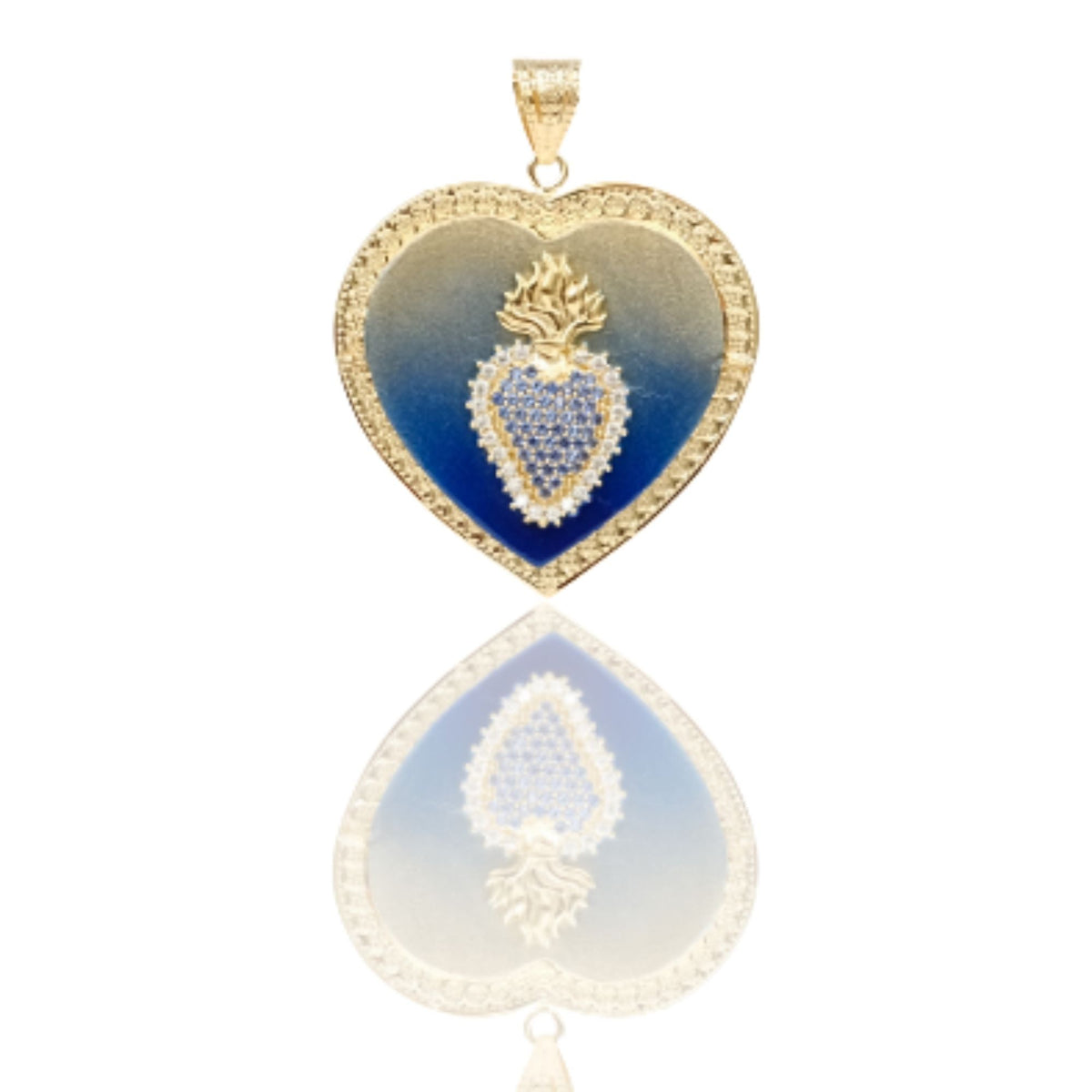 Ciondoli Oro Giallo Oro 18 carati Cuore Sacro Portafoto Zirconi Bianchi, Zirconi blu, Smalto blu 4,7cm x3,9cm