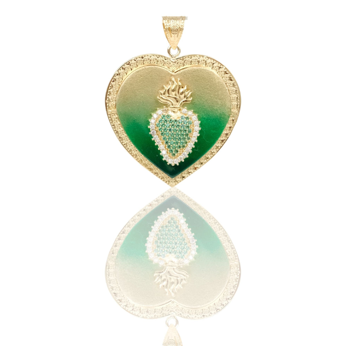 Ciondoli Oro Giallo Oro 18 carati Cuore Sacro Portafoto Zirconi Bianchi, Zirconi Verdi, Smalto Verde 4,7cm x3,9cm