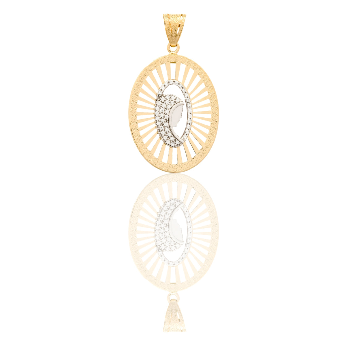 Ciondolo Oro Giallo Oro Bianco Oro 18 carati Madonna Di Profilo Velo Zirconato Contorno Traforato Zirconi Bianchi