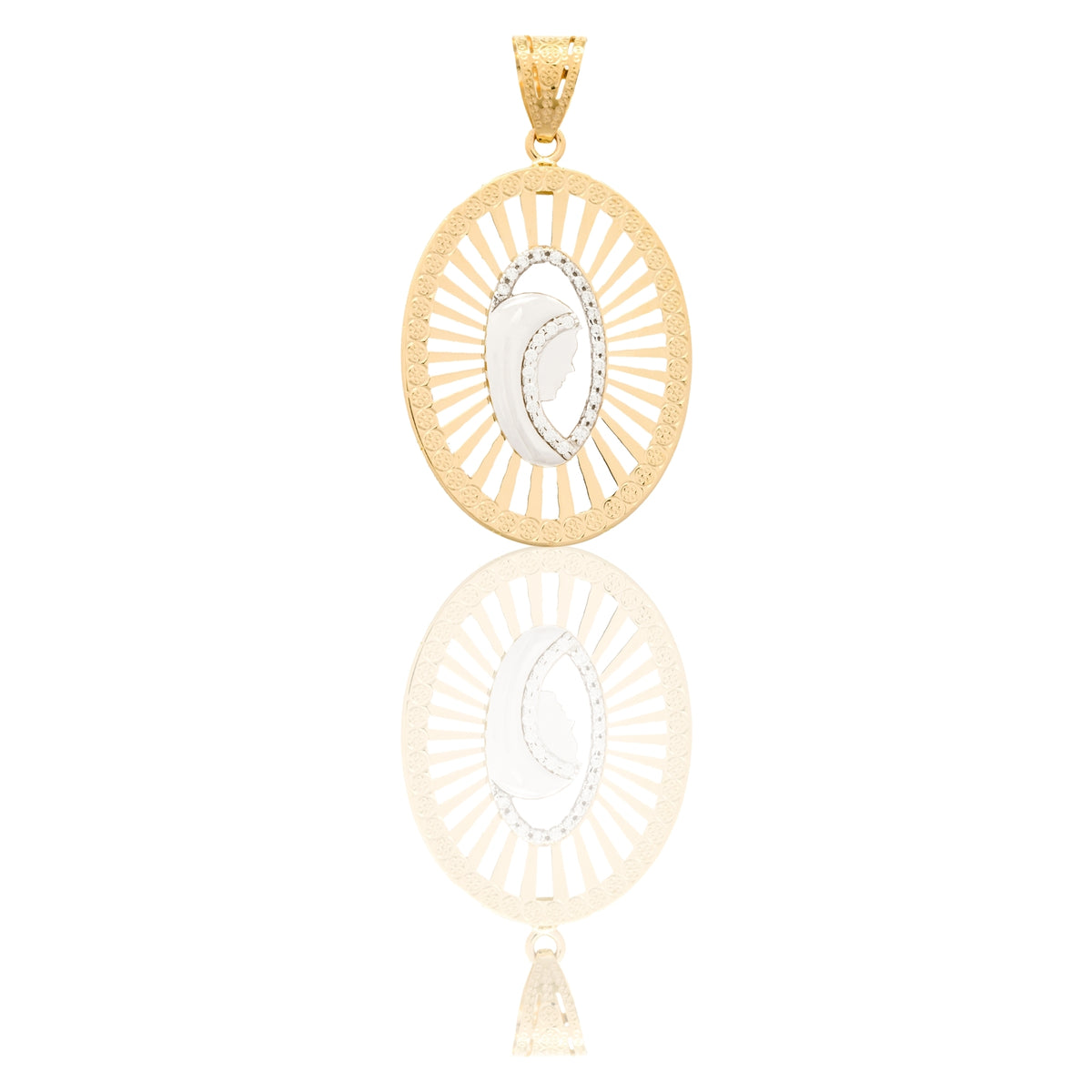 Ciondolo Oro Giallo Oro Bianco Oro 18 carati Madonna Di Profilo Velo Zirconato Contorno Traforato Zirconi Bianchi cm.4,5