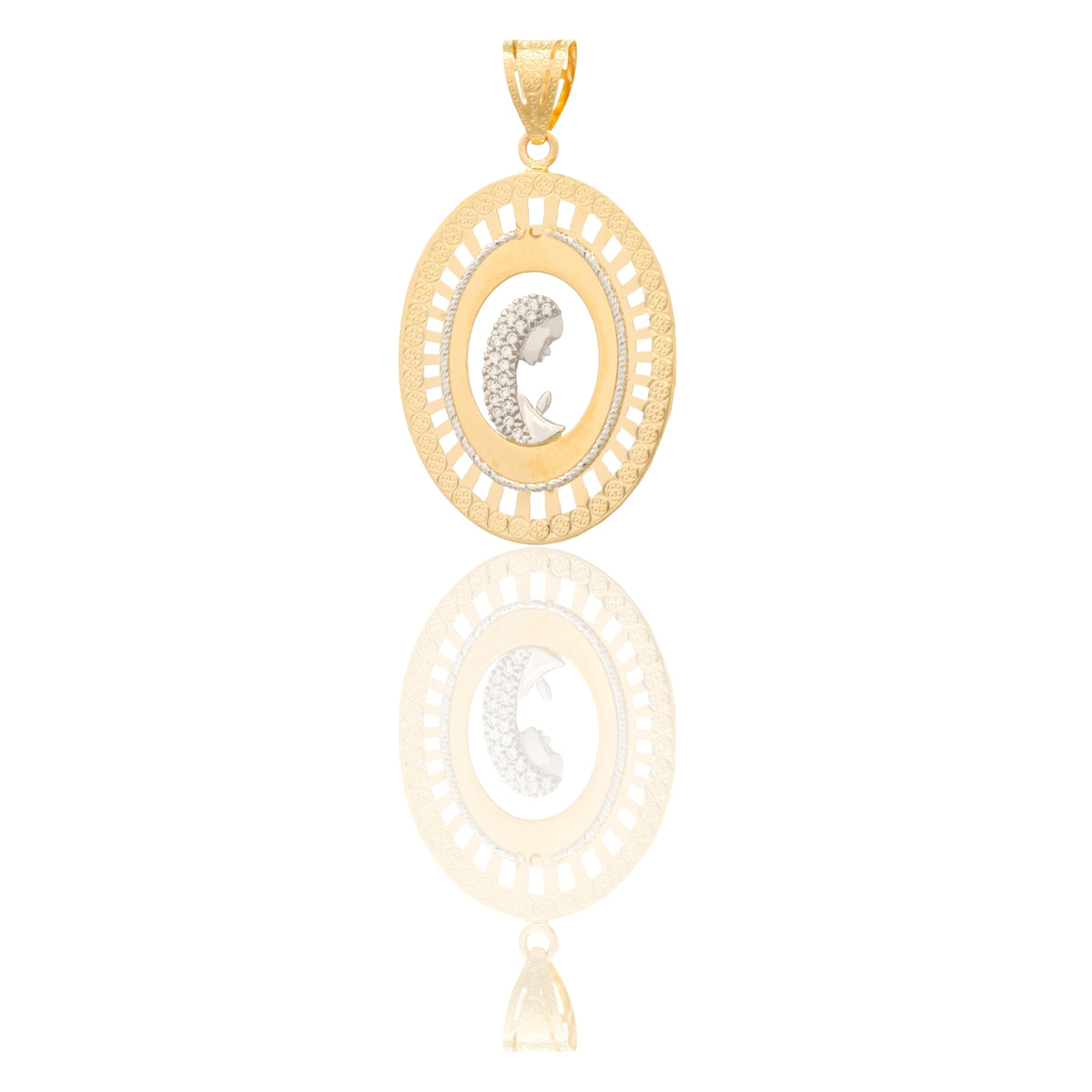 Ciondolo Oro Giallo Oro Bianco Oro 18 carati Madonna Di Profilo Velo Zirconato Contorno Traforato Zirconi Bianchi