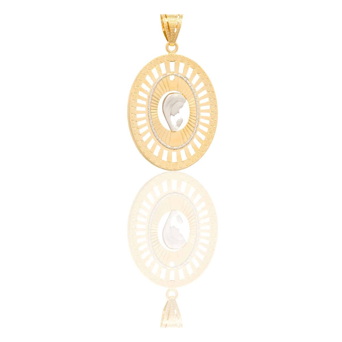 Ciondolo Oro Giallo Oro Bianco Oro 18 carati Madonna Di Profilo Velo Zirconato Contorno Merlettato Zirconi Bianchi