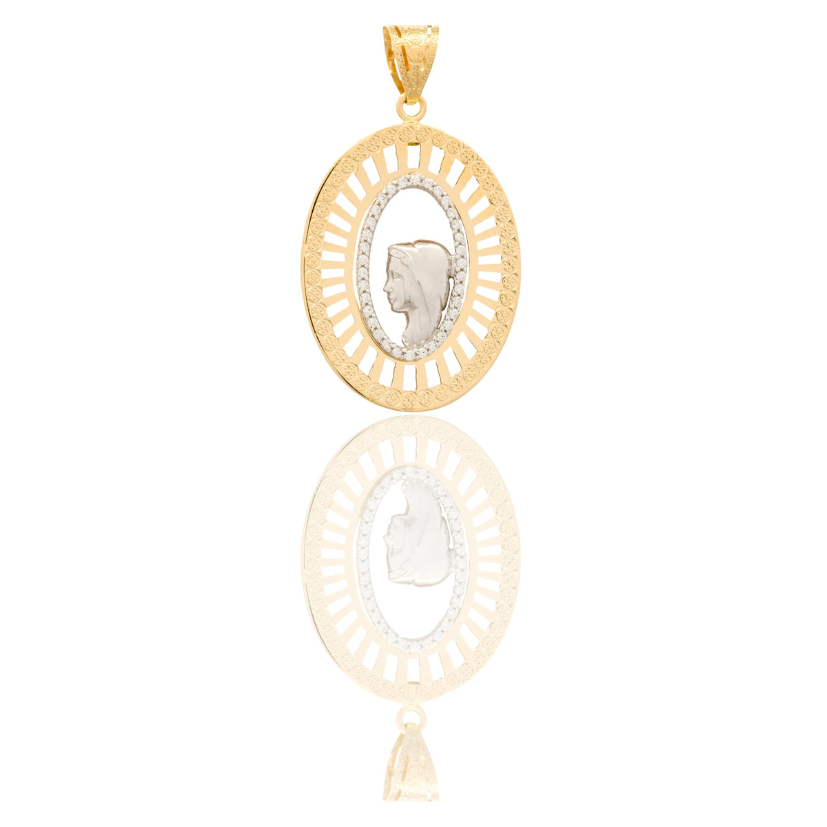 Ciondolo Oro Giallo Oro Bianco Oro 18 carati Madonna Di Profilo Con Velo Liscio Contorno Diamantato Solo Oro cm.4,5