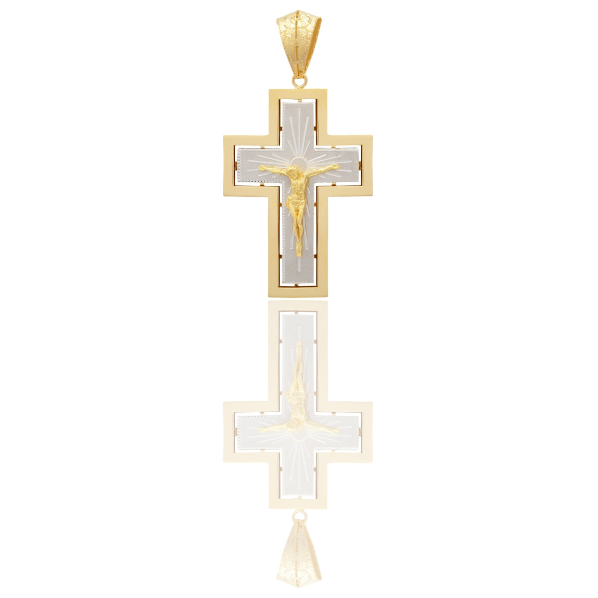 Ciondolo Oro Giallo Oro Bianco Oro 18 carati Croce Interno Bianco Satinato Con Cristo Solo Oro