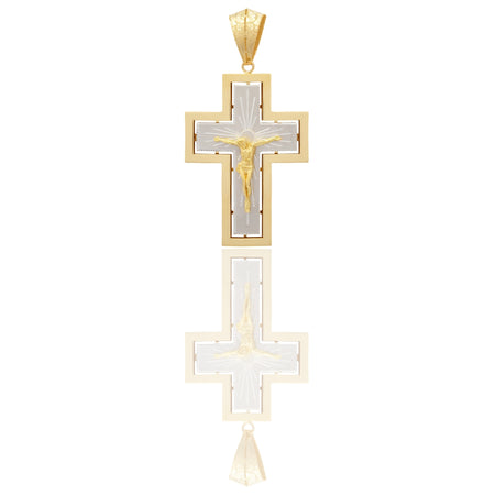 Ciondolo Oro Giallo Oro Bianco Oro 18 carati Croce Interno Bianco Satinato Con Cristo Solo Oro