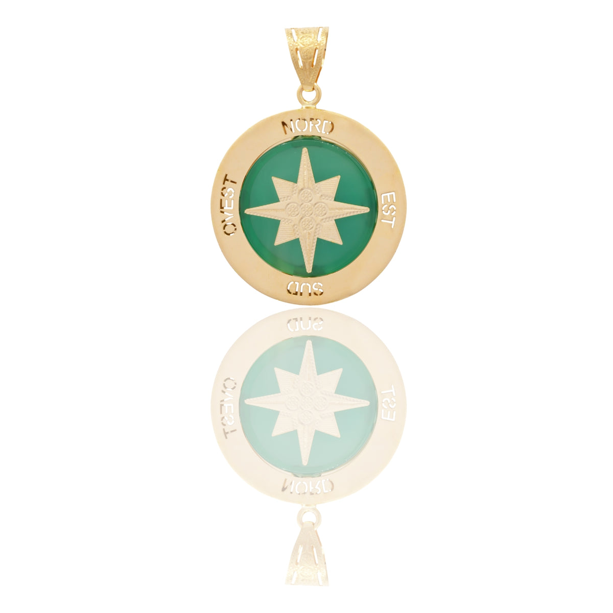Ciondolo Oro Giallo Oro 18 carati Tondo Con Rosa Dei Venti Su Pietra  Pietra Verde cm.4,0